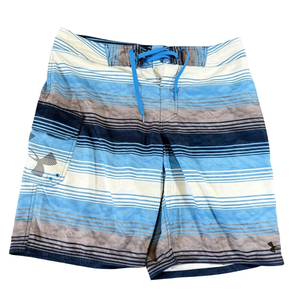 Under Armour HeatGear Board Shorts Size 36 Blue White Striped Swim EUC